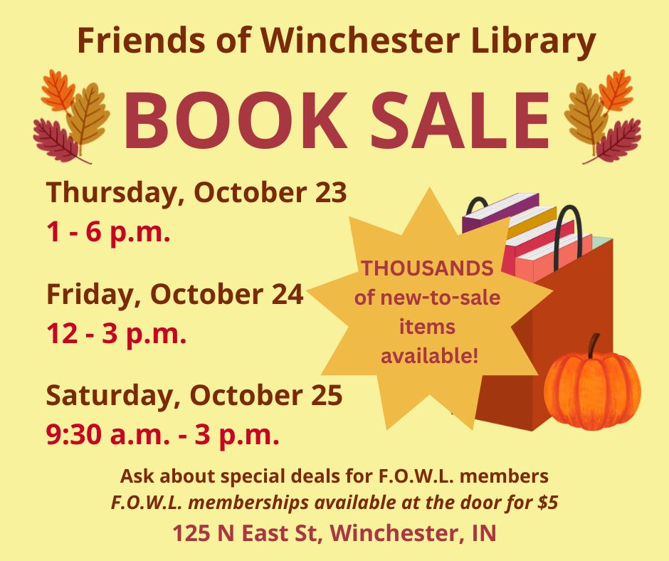 Friends of Winchester Library Fall 2025 book sale will take place at 125 North East Street on October 23 from 1-6 p.m., October 24 from 12-3 p.m. and October 25 from 9:30 a.m. to 3 p.m.